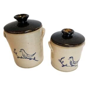 2 Vtg Salt Glazed Stoneware Crocks Lidded w Cobalt Birds Signed EB 73